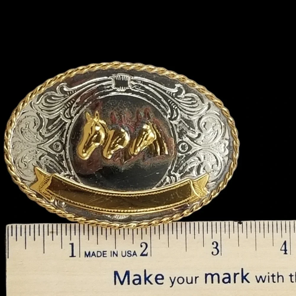 Western‎ Belt Buckle German Silver Engraved Three Horses Gold Banner USA Made